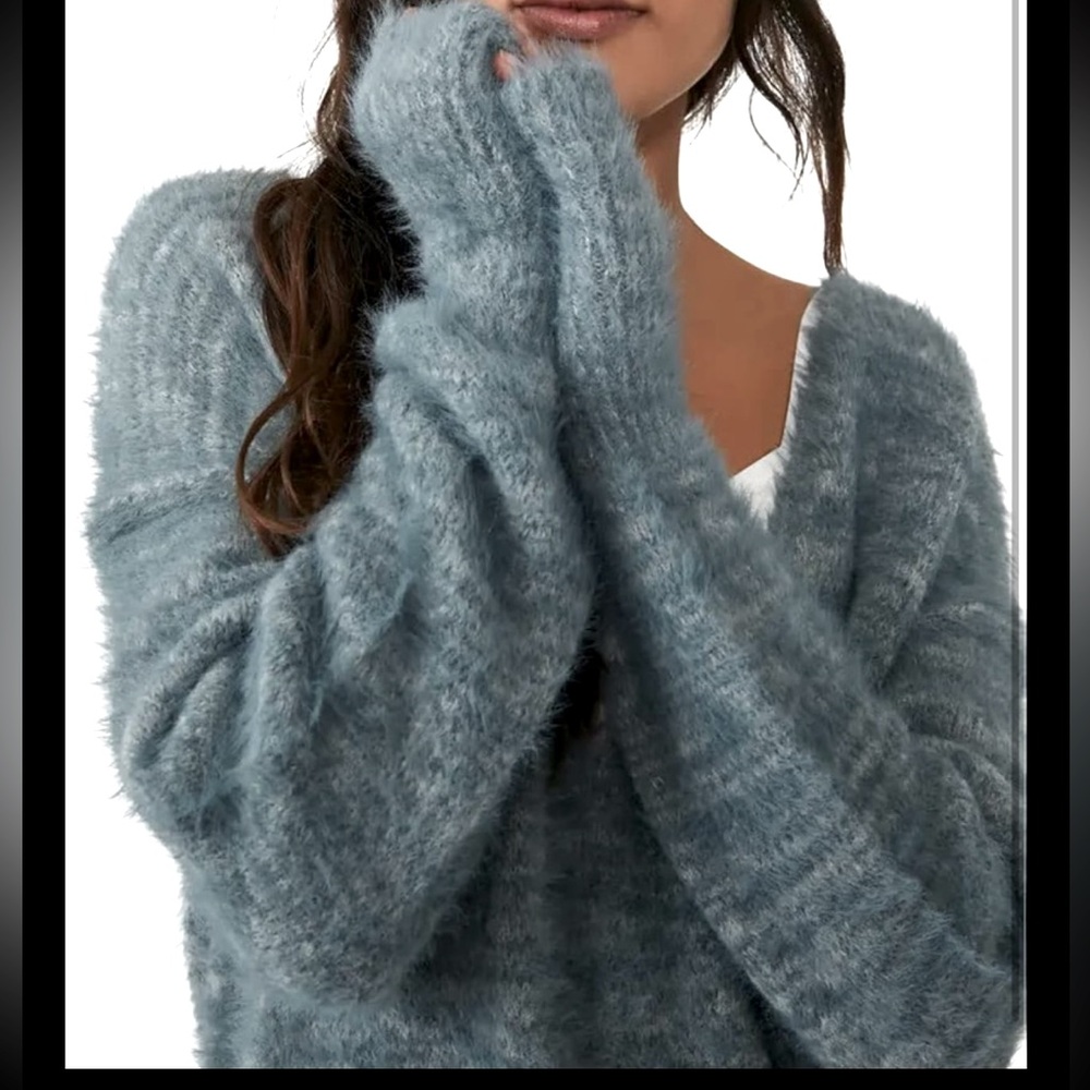 Free People Serendipity Sweater Storm Combo Oversized V-Neck Soft Furry Sz Small